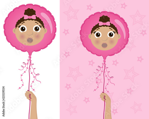 hand holding baby girl of african descent balloon, in 2 options