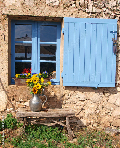 Blue shutter with flowers in Provence