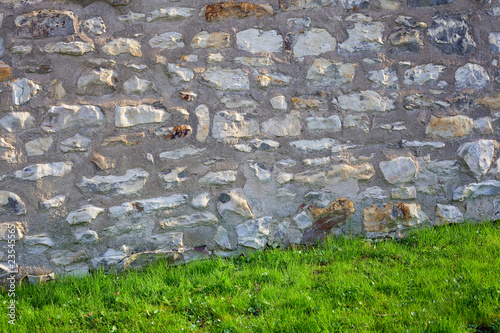 brick wall and green grass photo