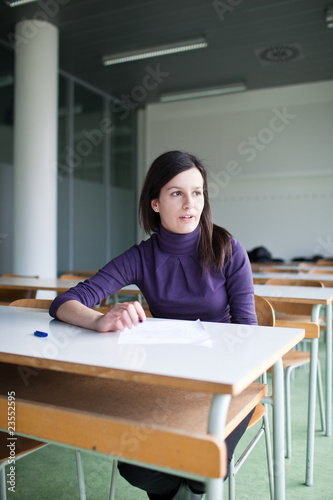 portrait of a pretty college student working in a classroom