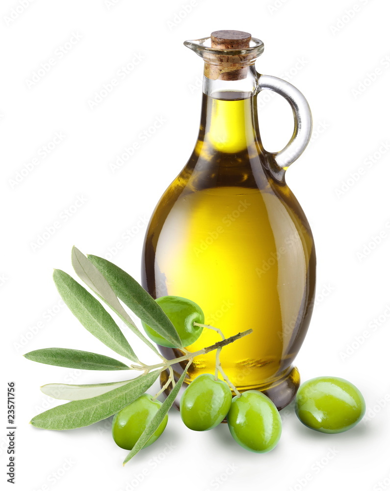 Branch with olives and a bottle of olive oil isolated on white - obrazy, fototapety, plakaty 