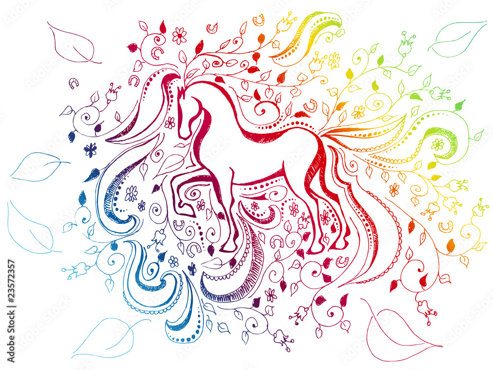 Obraz premium abstract floral sketchy doodle rainbow background with horse