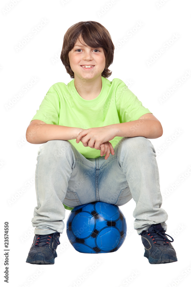 Adorable child sitting on blue soccer ball Adorable child sitting on blue soccer ball