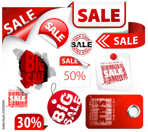 Set of red discount tickets, labels, stamps