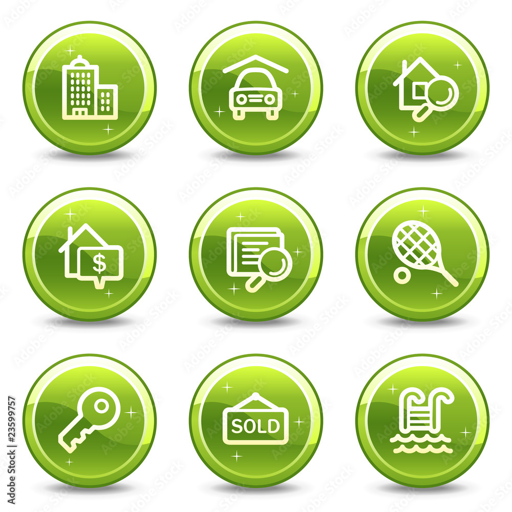 Real estate web icons, green glossy circle buttons series