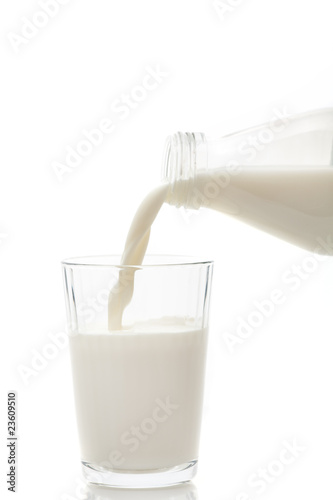 Milk being poured in a glass isolated on a white background