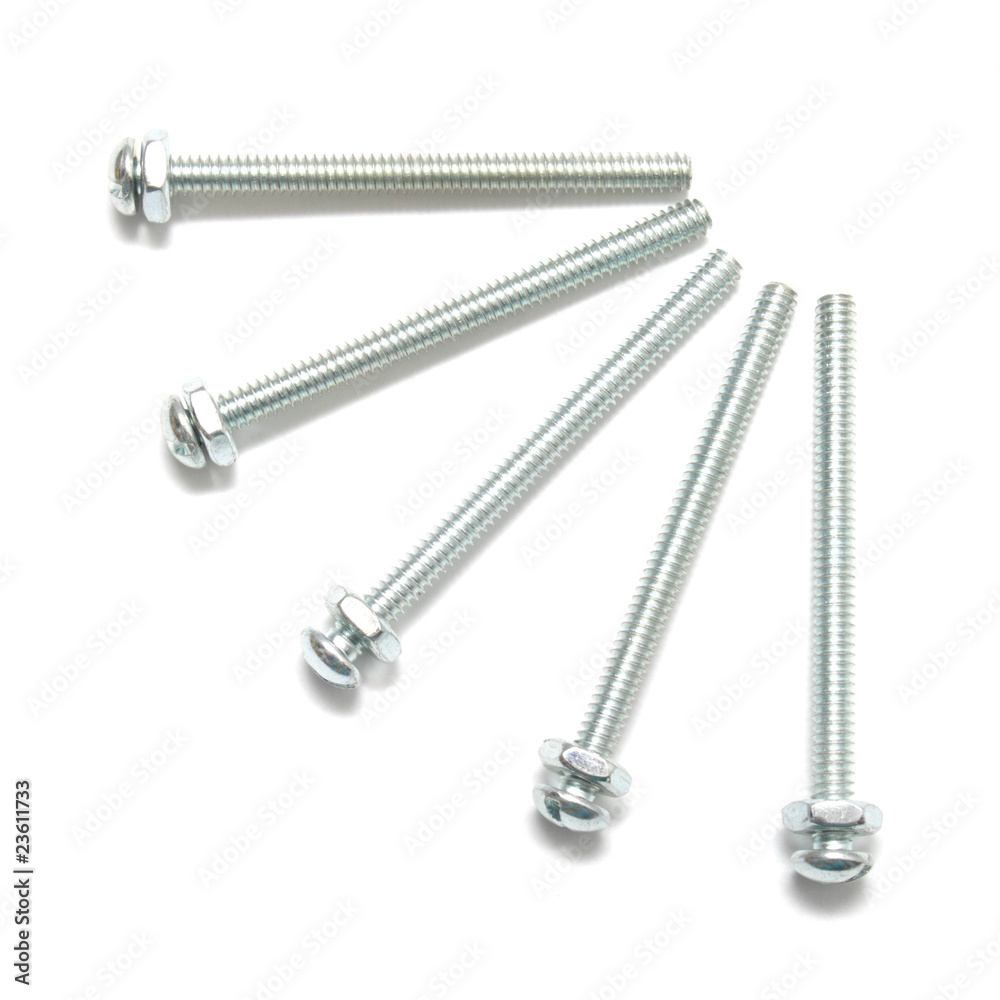 Five long bolts with nuts isolated on white Five long bolts with nuts isolated on white