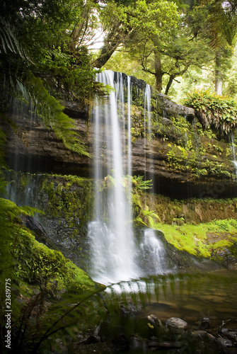 Russell Falls Waterfall In Lush Green Forest In Tasmania Australia