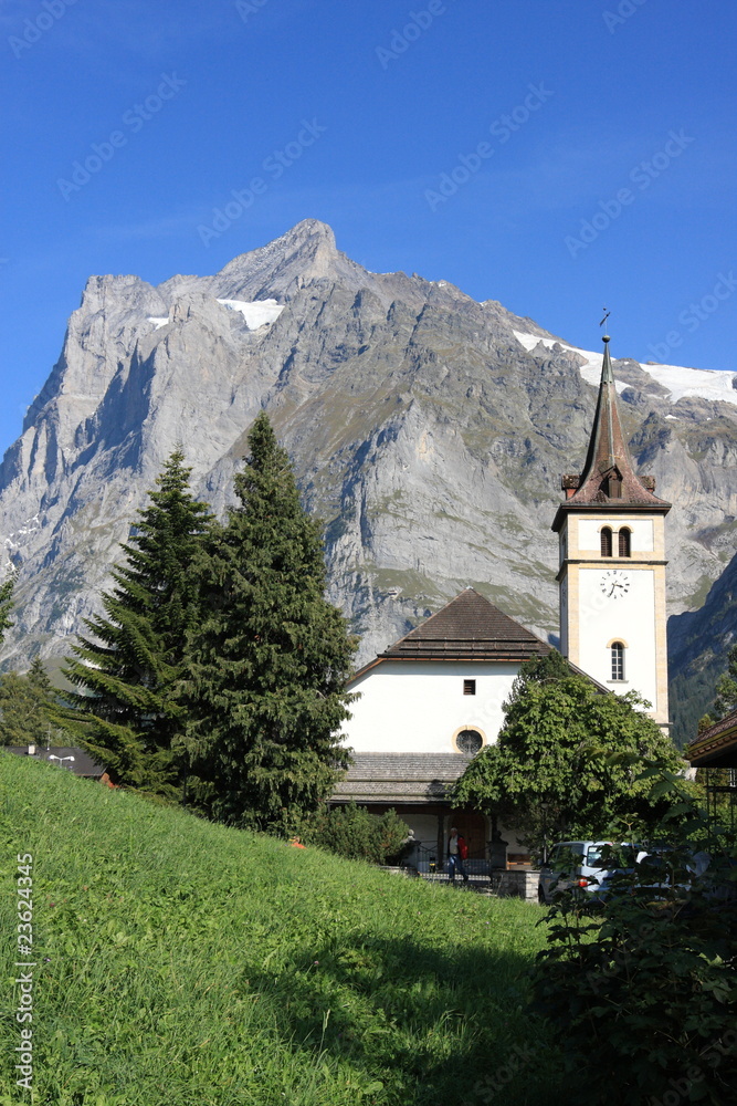 Wetterhorn Mountain and church in Switzerland