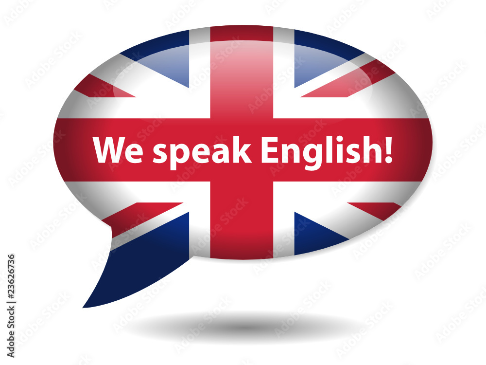 Vecteur Stock “We Speak English!” Speech Bubble Icon (UK Flag Language  Button) | Adobe Stock
