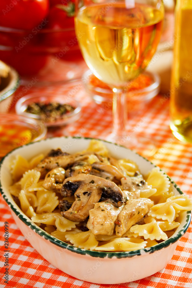 Italian pasta with mushrooms and chicken meat