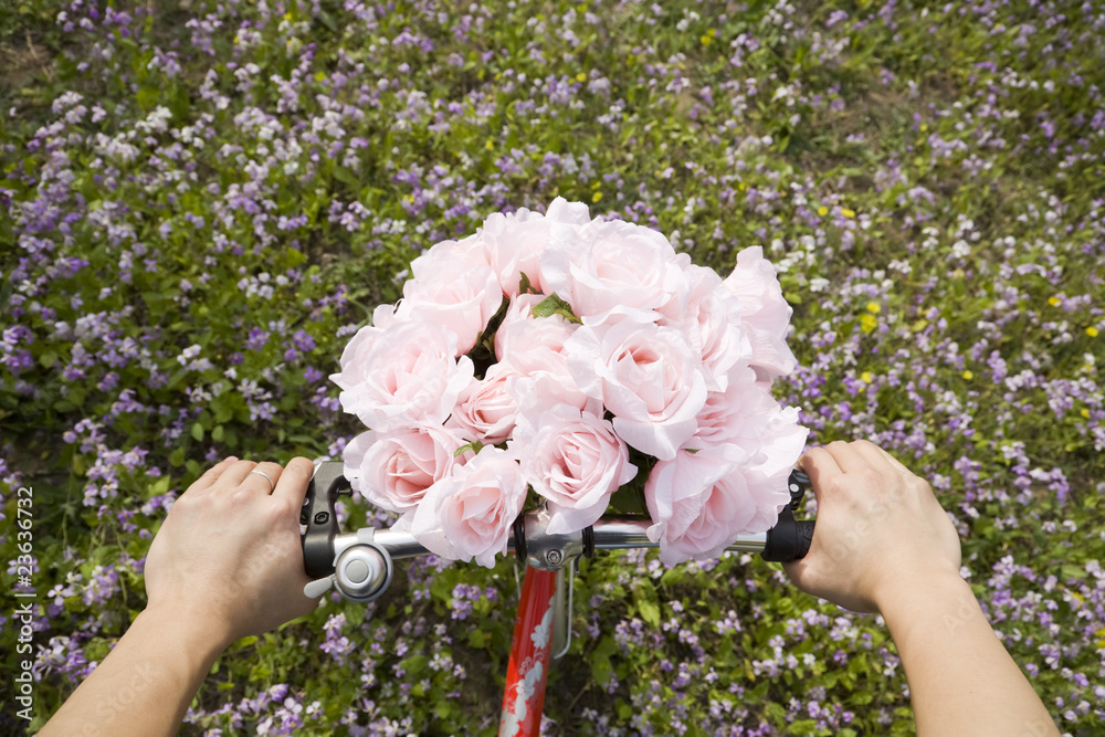 Bicycle trip with flowers in the front basket Bicycle trip with flowers in the front basket