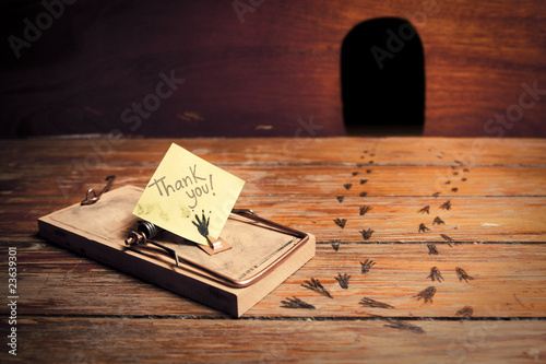 activated mousetrap with funny message from rat