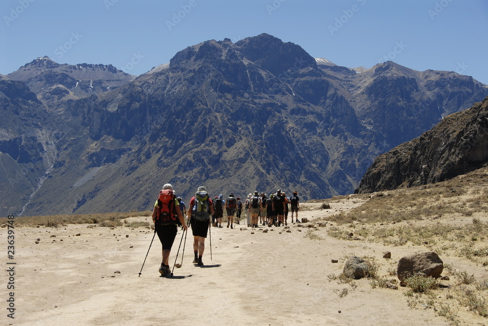 Group of trekkers before descending to Colca canyon