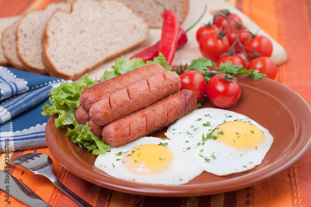 Breakfast fried eggs and sausages