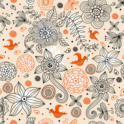 Flower summer pattern and birds