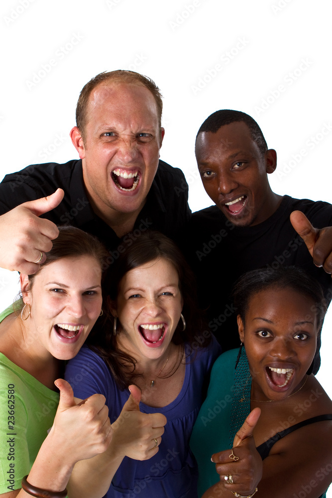 Obraz premium Young fresh multiracial group giving thumbs up sign and are real