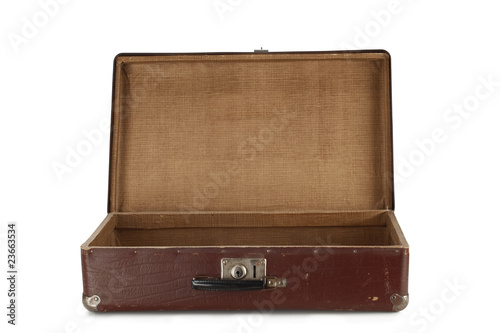 Vintage brown leather suitcase, open. photo