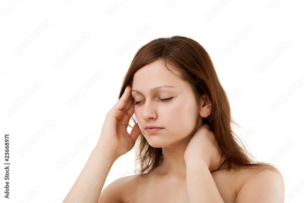 Woman massaging pain head isolated on white Woman massaging pain head isolated on white