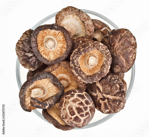 Dried field mushrooms in a glass bowl isolated on white
