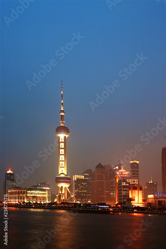 view of the Shanghai Oriental Pearl in the evening