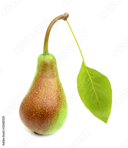 Pear with green leaf