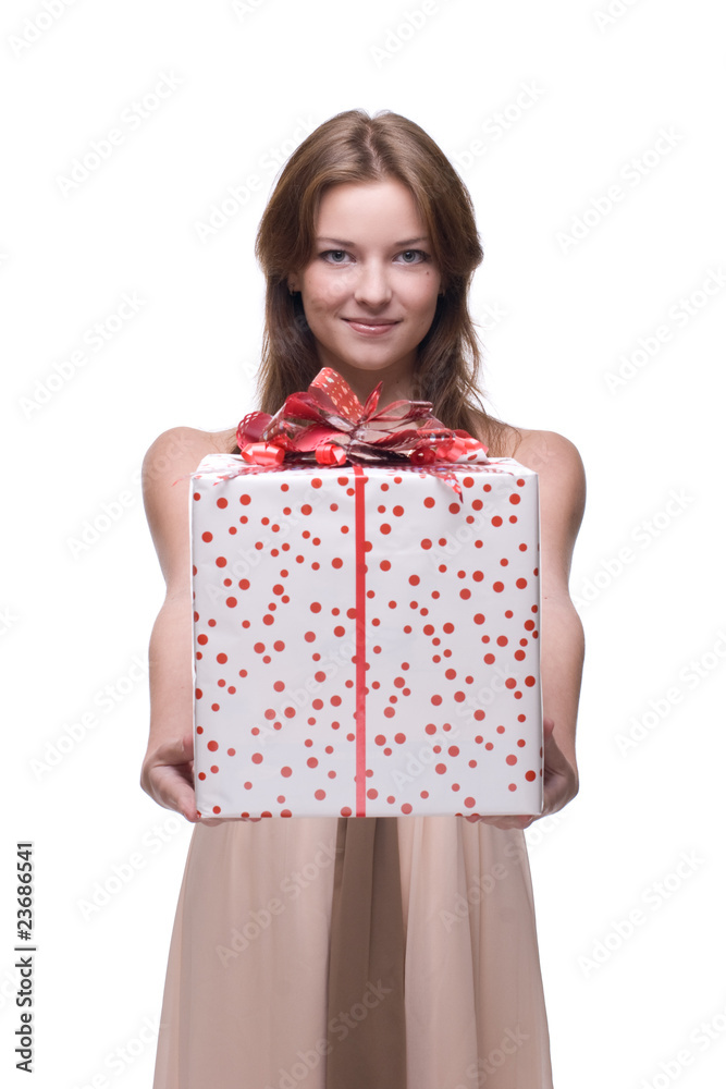 Closeup portrait of beautiful girl with huge gift Closeup portrait of beautiful girl with huge gift