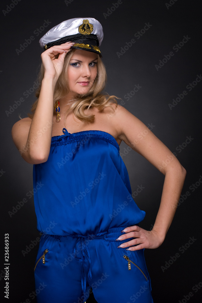 Fototapeta premium Closeup portrait of woman in sailor cap
