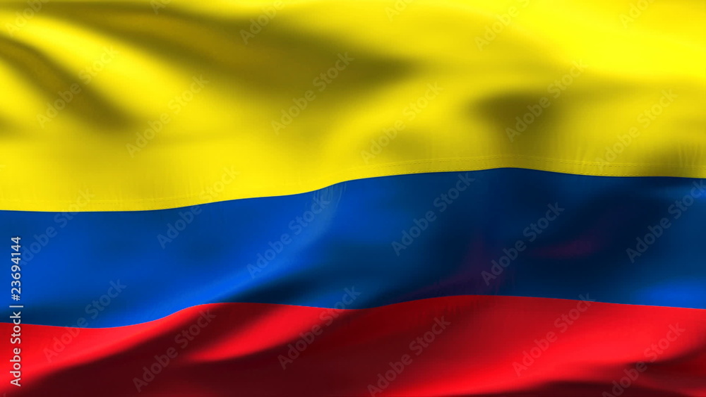 Creased Colombian satin flag in wind with seams and wrinkle Creased Colombian satin flag in wind with seams and wrinkle