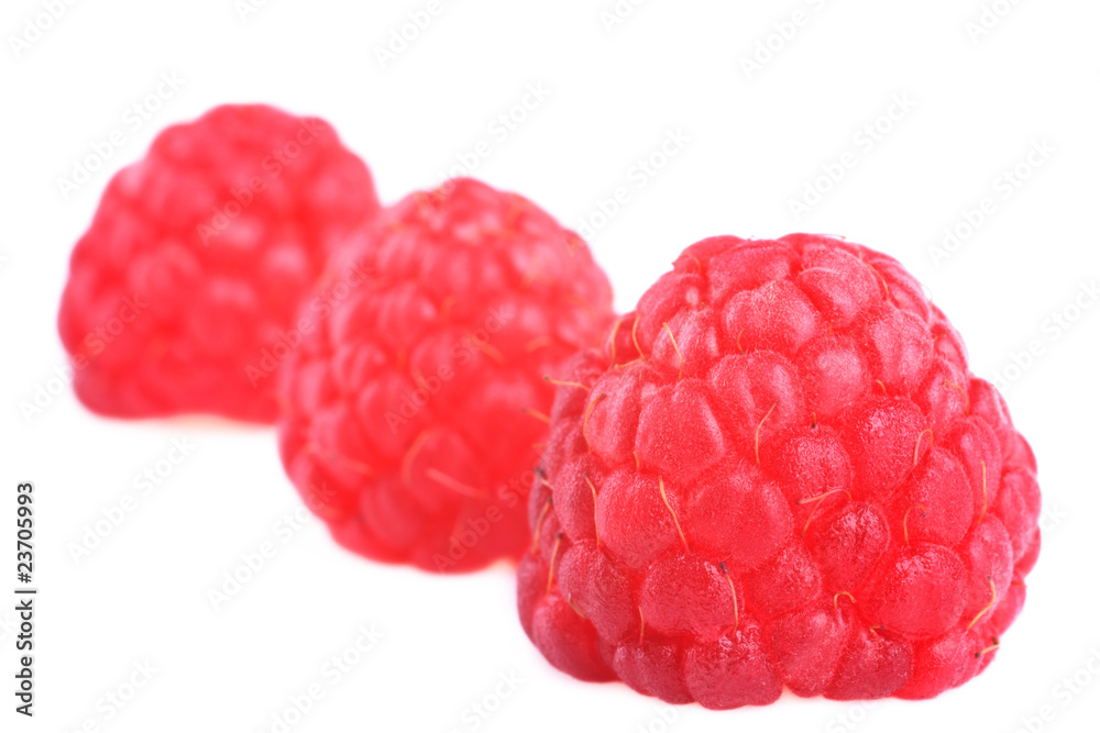 Three fresh  raspberries on white
