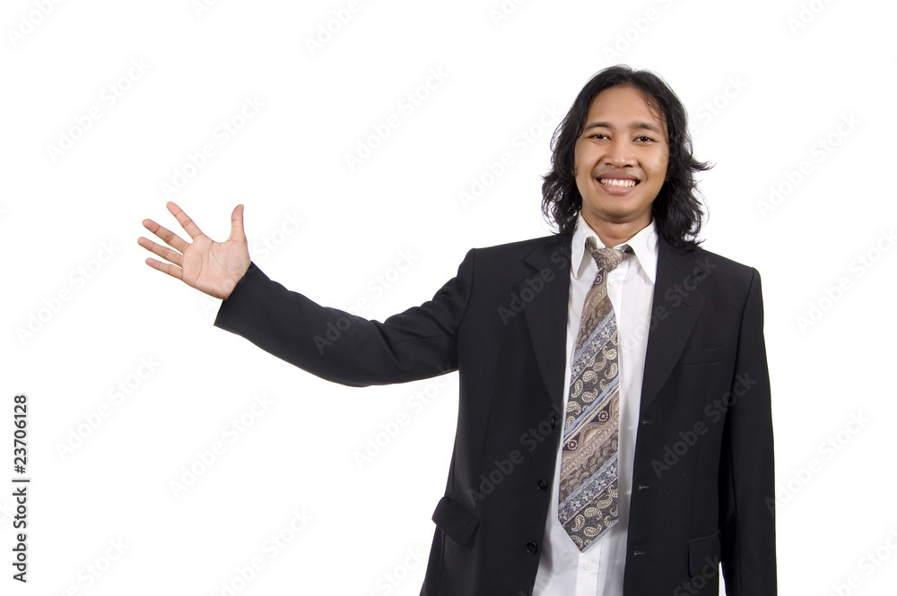 Long hair man pointing something Long hair man pointing something