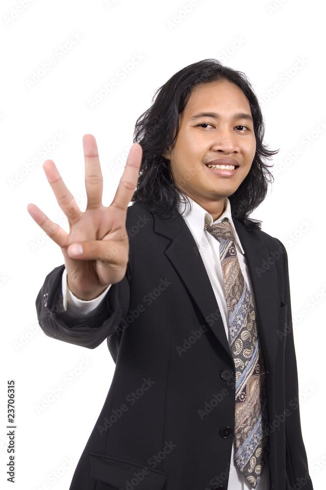 Long hair man give number four by hand gesture Long hair man give number four by hand gesture