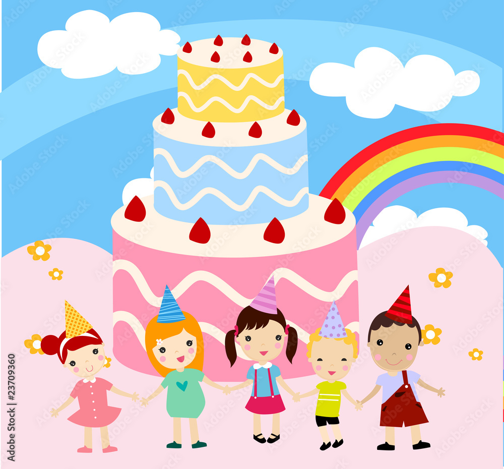 Children with a cake. Vector illustration.