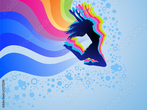 Silhouette of a woman jumping with the rainbow