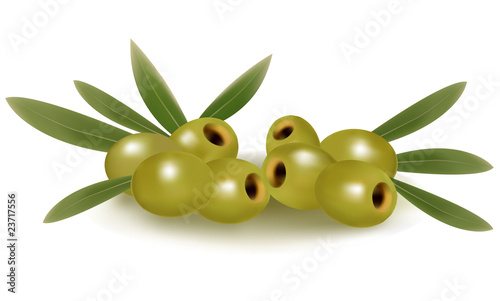 Green olives with leaves. Photo-realistic vector.