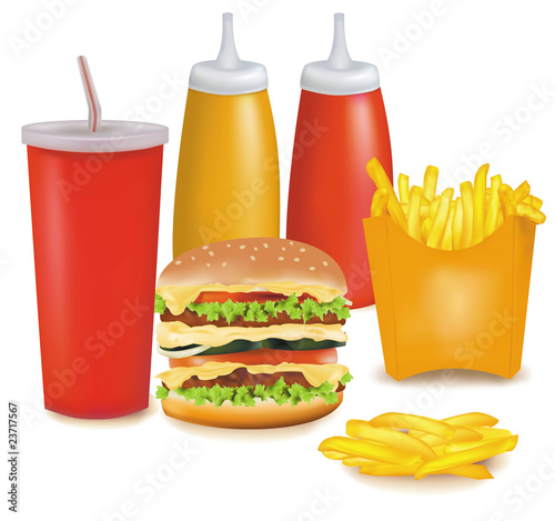 Group of fastfood products with ketchup and mustard. Vector.