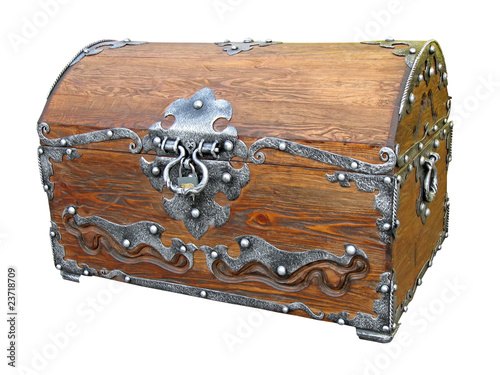 piratical vintage closed wooden chest with rivet metal handle isolated on white background, antique carribean piratic treasures in retro box container, jewelry wealth diversity, pirate concept