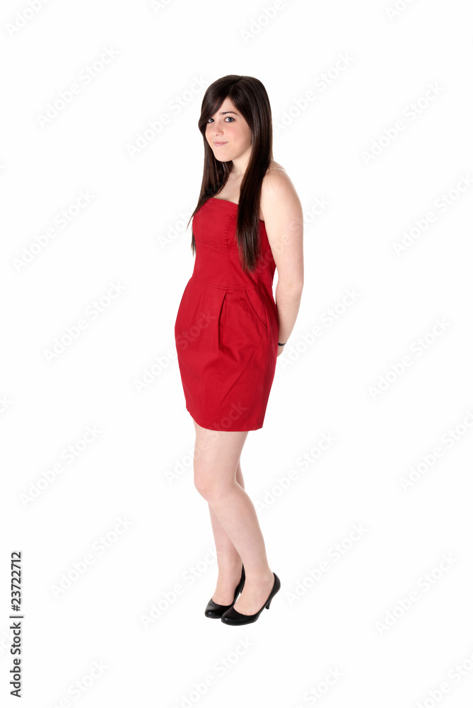 Young woman beautiful with red dress isolated on white.