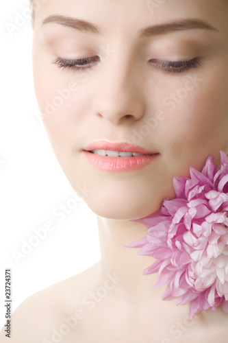 beautiful woman with flower on white background