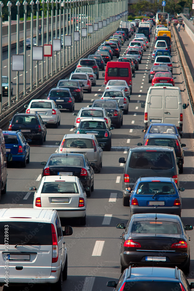 Jammed high traffic road in the center of city