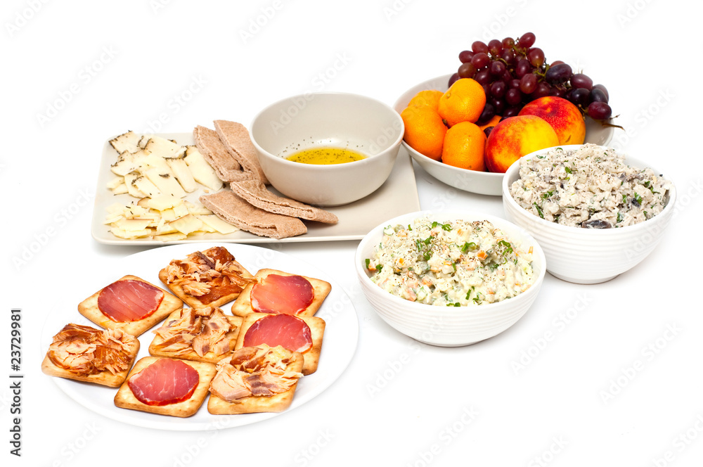 light dinner with salads, cheese, crackers and bread