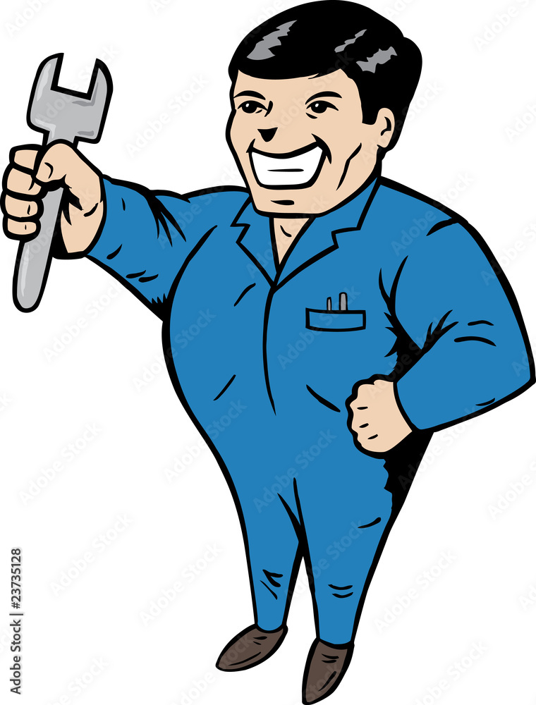 Cartoon of a mechanic, ready to fix anything.