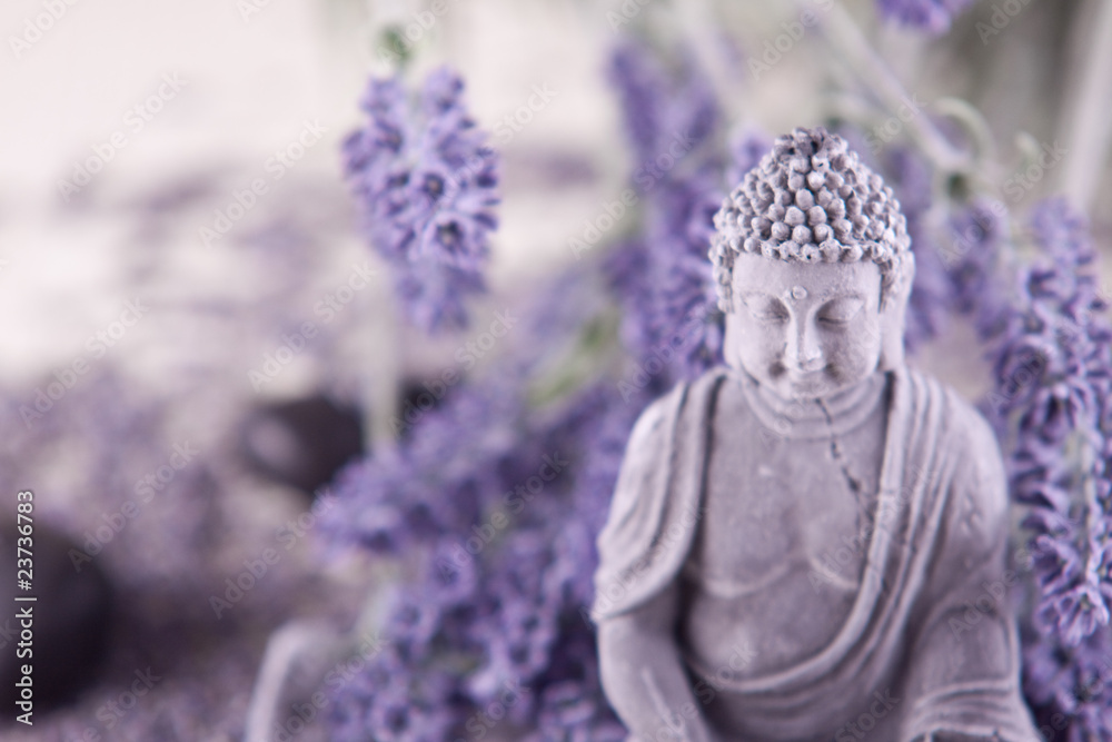 Buddha bei Zen Meditation,  Massage Steine, Lavendel - obrazy, fototapety, plakaty 
