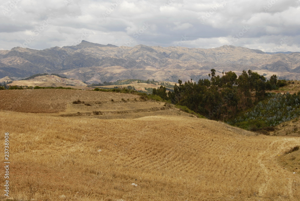 Fototapeta premium Fields and landscape around Maras, Sacred valley, Peru