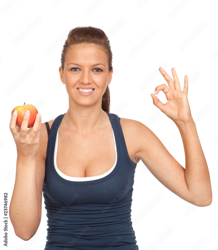 Gymnastics girl with an apple sitting saying OK Gymnastics girl with an apple sitting saying OK