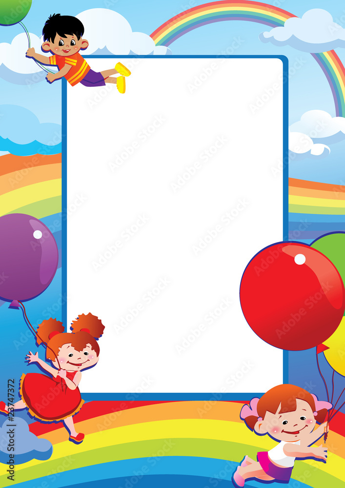 Children flying on balloons. Place for your text. Children flying on balloons. Place for your text.