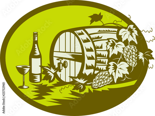 wine bottle, glass and wooden keg barrel with grapes
