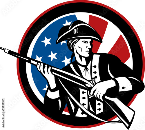 american revolutionary soldier with rifle and flag