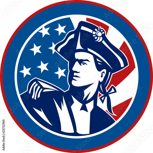 american revolutionary soldier with stars and stripes flag