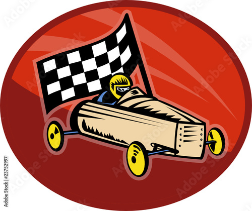 soap box car derby racing finish with checkered flag